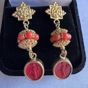 Tagliamonte Venetian 18K Gold over Sterling Red Coral Intaglio Cameo Earrings